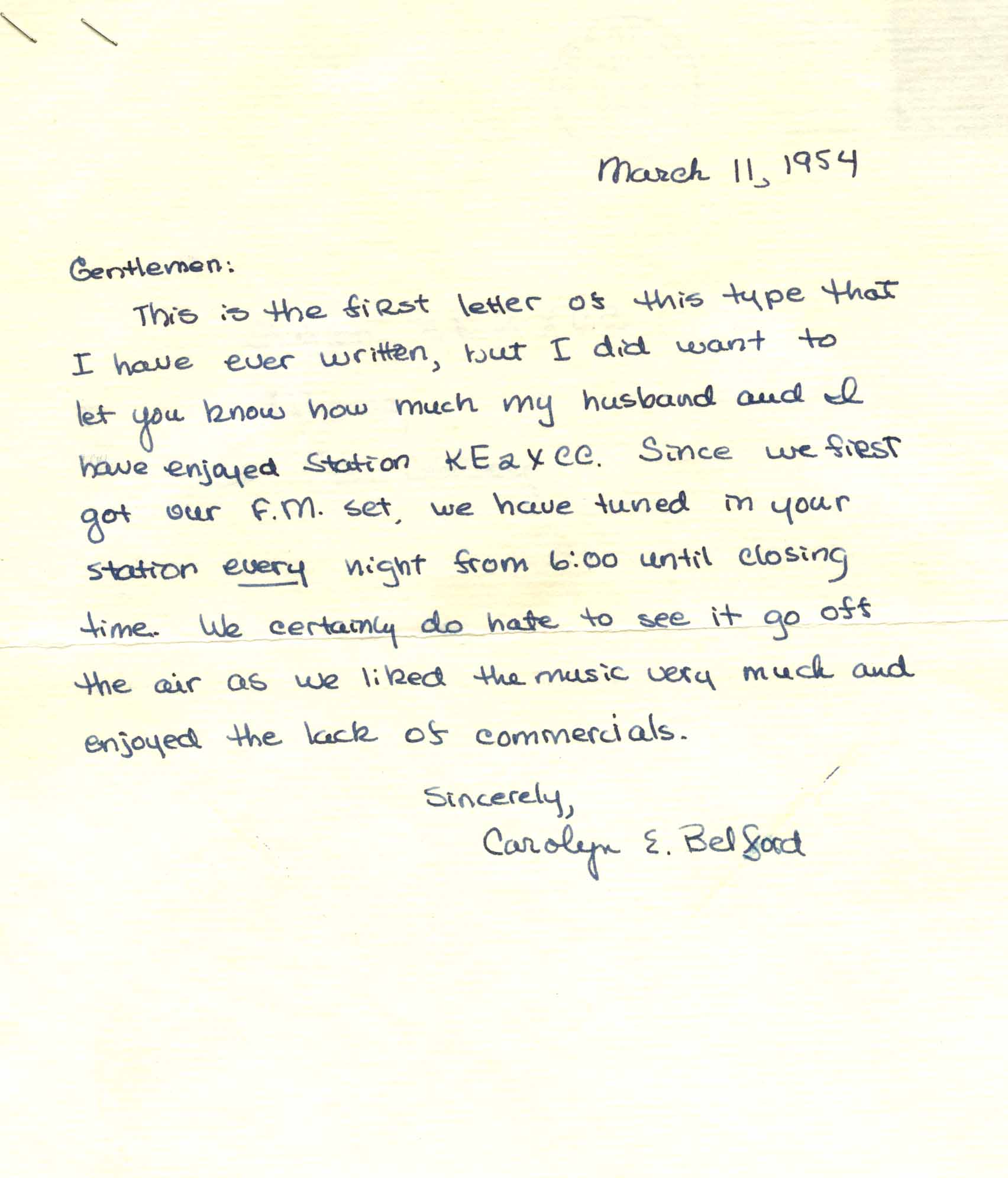  - Carolyn-Belford-KE2XCC-letter-1954-March-11