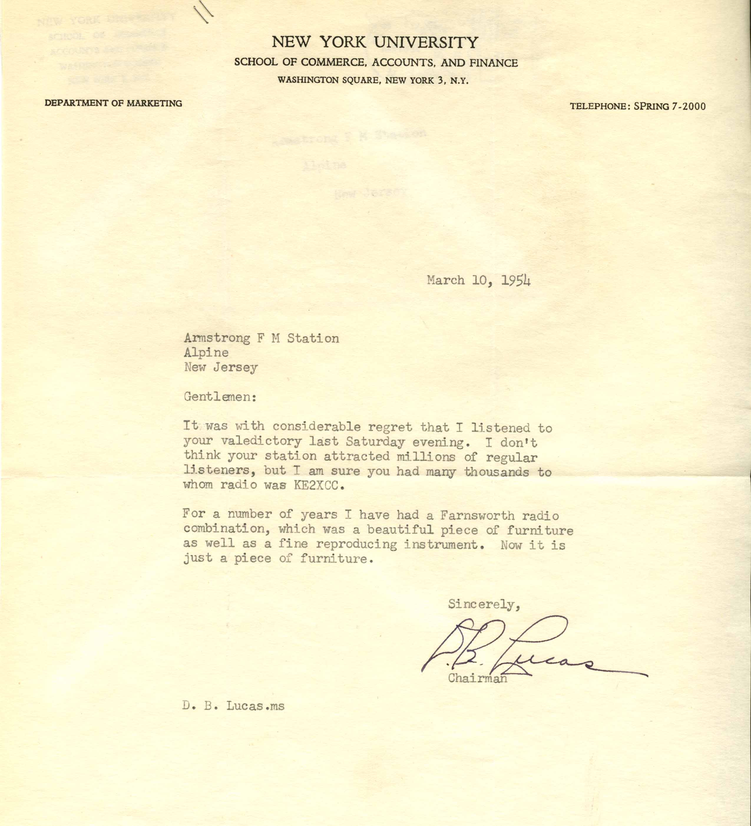  - D.B.-Lucas-KE2XCC-letter-1954-March-10
