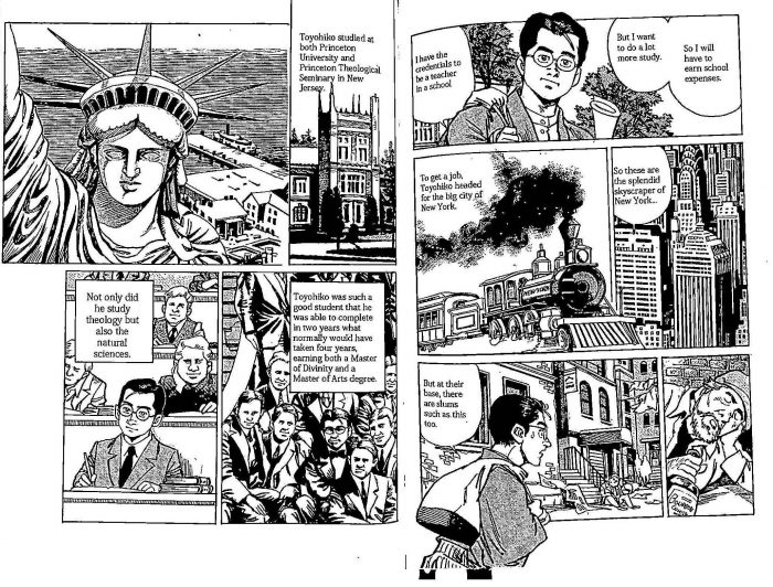 Scenes from a graphic novel about the life of Toyohiko Kagawa, depicting his life as a student, coming to New York from Japan as a young man circa the early-1900s.