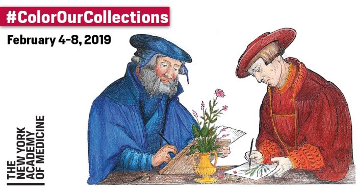 Poster for Color Our Collections, February 2019. Image resembles a colored-in picture from a medieval manuscript of two people drawing.