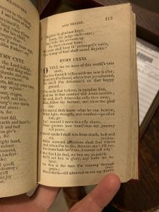 A page from the first-edition copy of the African Methodist Episcopal hymnal of 1818 at the Burke Library. The page contains the lyrics to the hymn “Oh Tell Me No More (of This World’s Vain Store)." Call Number VQMjx 1818 