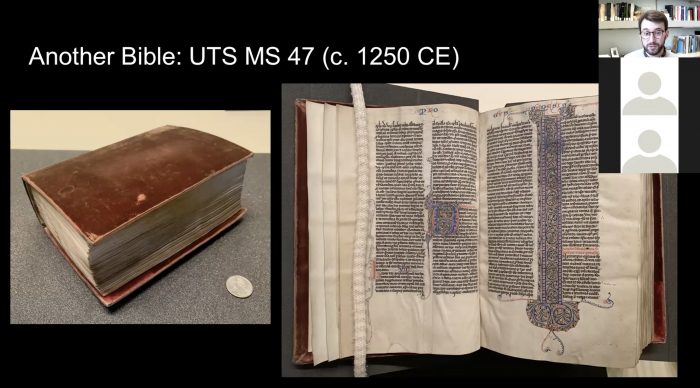Screenshot of a virtual teaching session, showing librarian Jeffrey Wayno and an image of a rare book, UTS Manuscript 47, a Bible