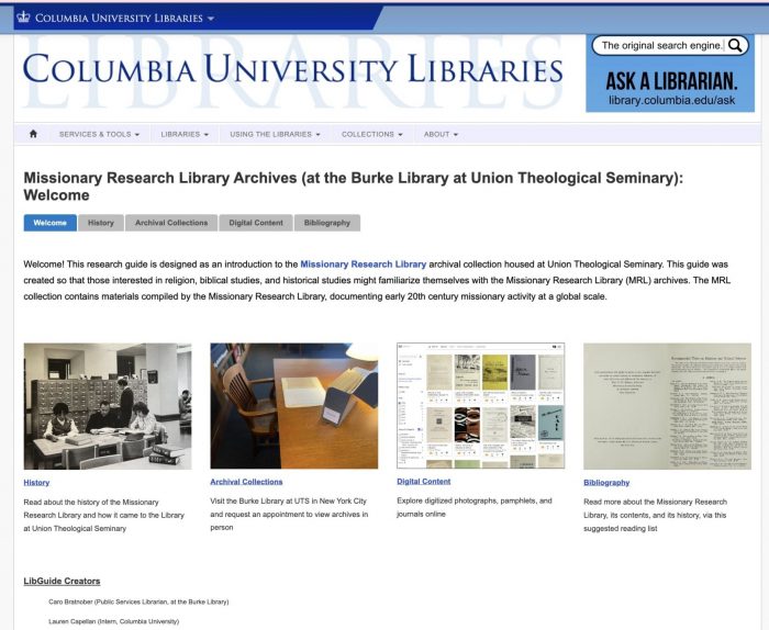 Image shows the home page of the Missionary Research Library Archives LibGuide. There are pictures of the MRL Archival collections and screenshots of digital content including pamphlet covers