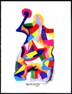 Colorful abstract image of a standing figure holding a round object, with the word "Rememory"