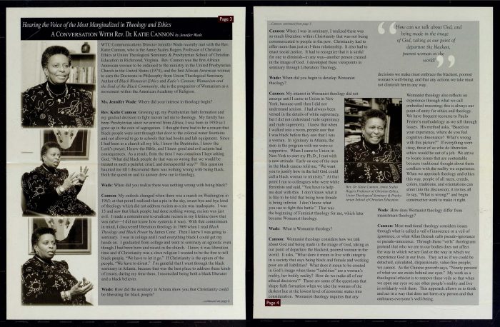 Text of an interview in fine print, with photographs of Katie Cannon a smiling Black woman