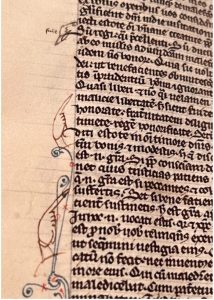 MS UTS 47, detail of three user-added manicula in the margin pointing to text -- in the margins is an illustration of a finger pointing to a place in the paragraph