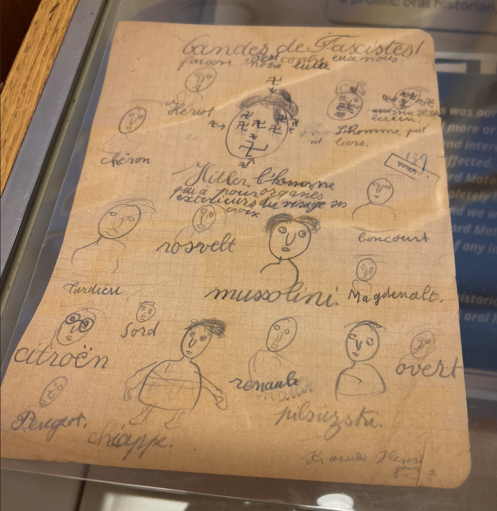 Child's drawing of various fascists and capitalists, including Mussolini, Rosvelt [sic], Hitler, and others