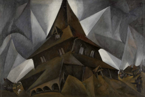 Painting of a tall, brown, angular building with dark grey hues in the background.
