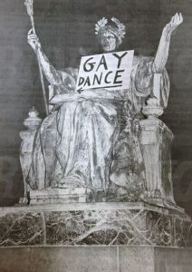 Columbia statue with "gay dance" poster in lap