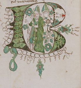  Historiated initial of a bishop or an abbot (with two mitres?)