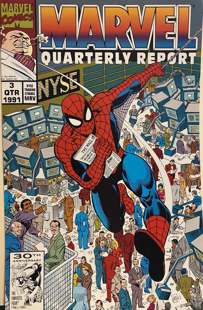Spidey swings into the NYSE on the cover of the 1991 quarterly report