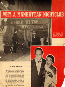 The first of a two-page spread in a celebrity gossip magazine. The text is framed by a photograph of the awning of the restaurant Chez Vito and another photograph of Judy Garland and Sid Luft, in which Garland appears to be yelling at someone or something.